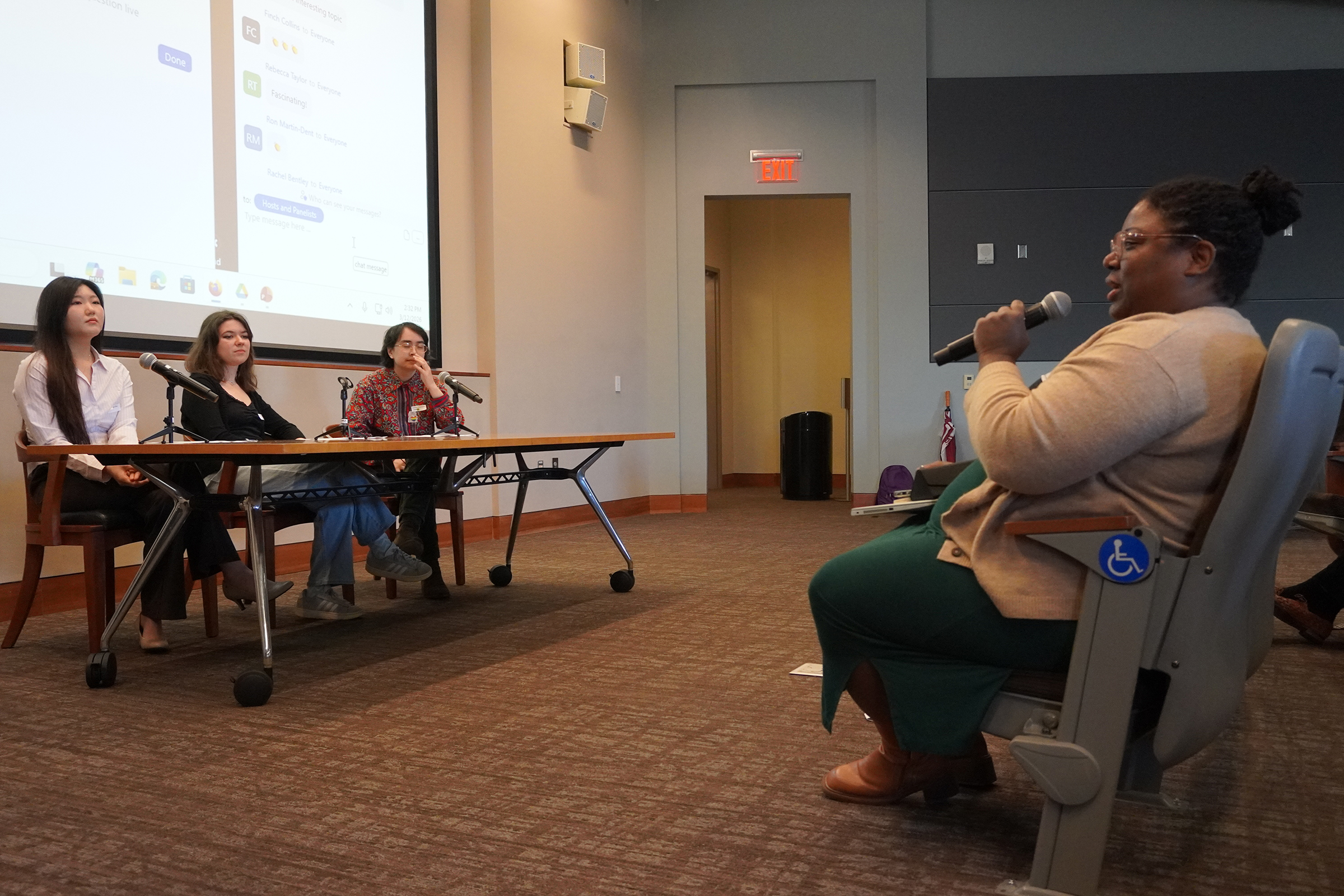 Willson Center Public Impact Grants support faculty in the organization on campus of conferences, exhibitions, and performances that showcase humanities and arts research in a broad context.
UGA undergraduate students field questions on their research during Queer Bibliography in the South: Space, Place, Community, a three-day conference co-sponsored by the department of English, UGA Libraries and Special Collections, the Lamar Dodd School of Art, and the Emory University Special Collections Library.
